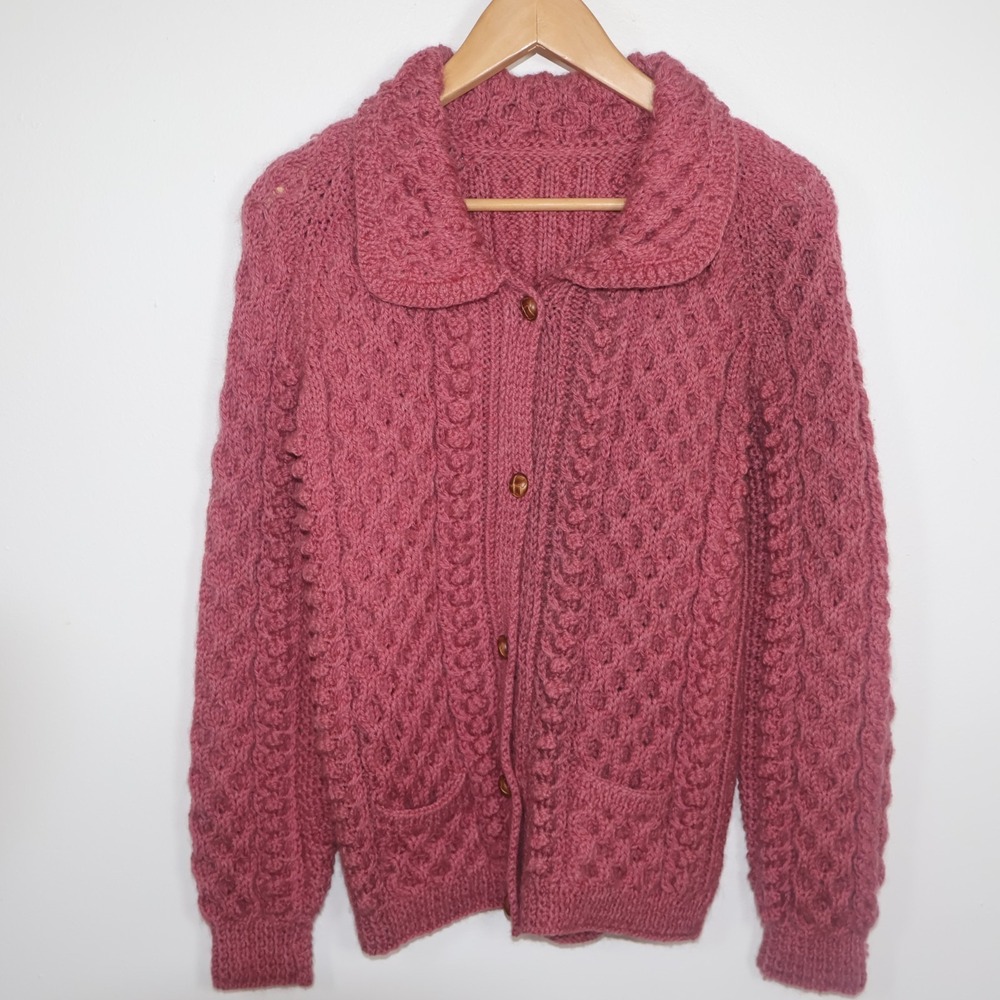 Sweater Cardigan Women's Size M/L Pink Wool Cable Knit Pocket